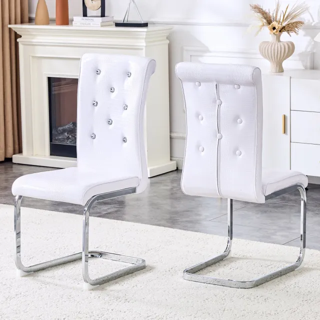 DESMIU Eetkamerstoel Set Van 2 - Retro Wit Met Kroko Patroon En Kristal Knopen - Voor Eetkamer En Woonkamer - Kunstleer En Metaal - Wit