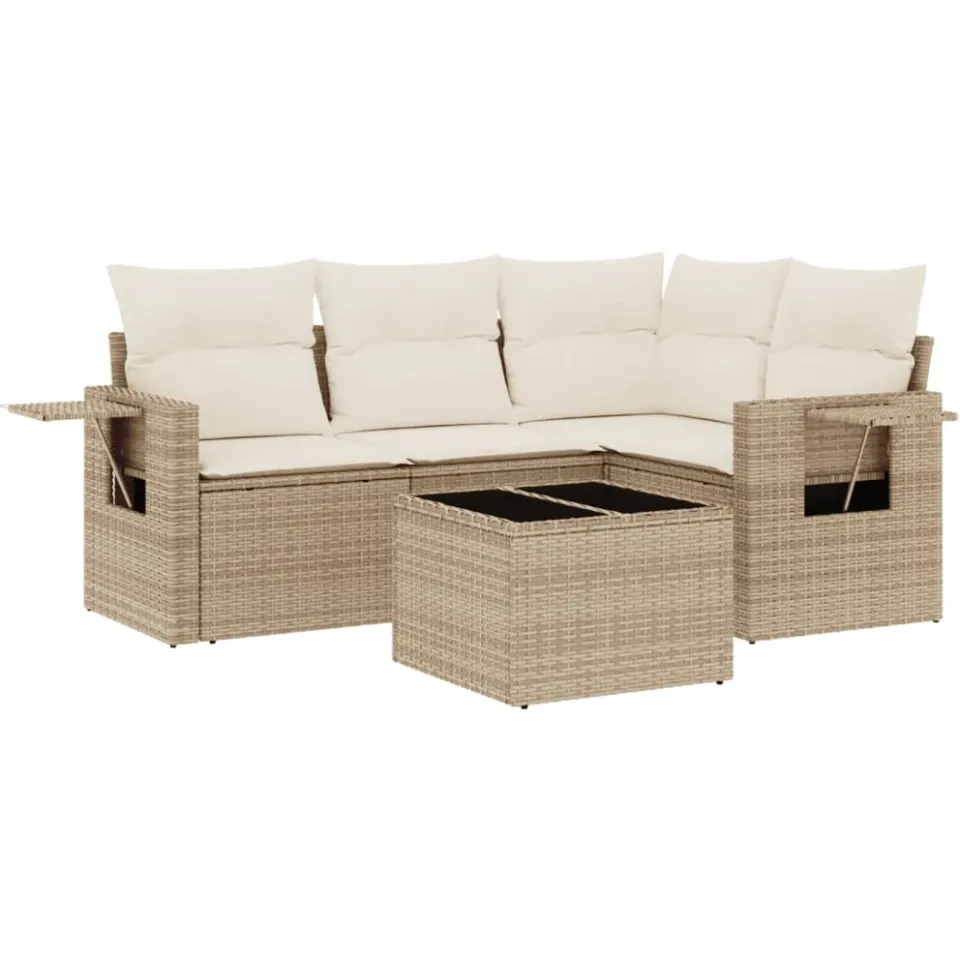 vidaXL 5-delige Loungeset met kussens poly rattan beige, foto 3