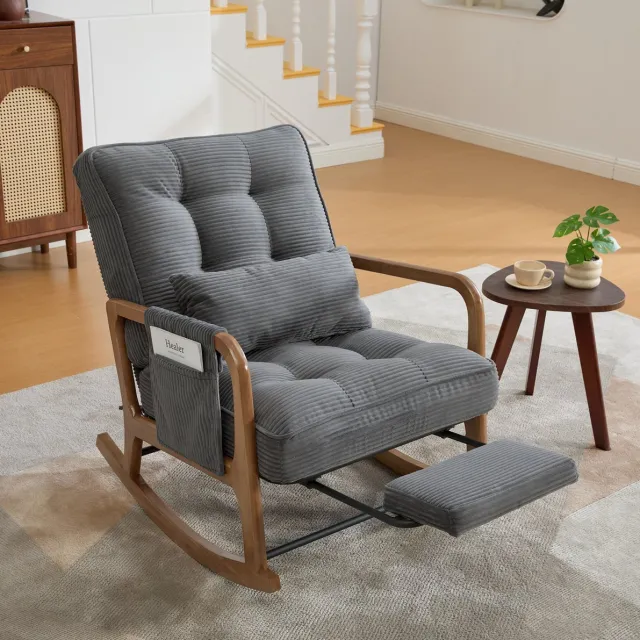 OKWISH Schommelstoel – Verstelbare Relaxfauteuil Met Voetensteun, Lendenkussen En Zijvak – Voor Woonkamer, Slaapkamer En Kinderkamer – Grijs Ribcord Gray