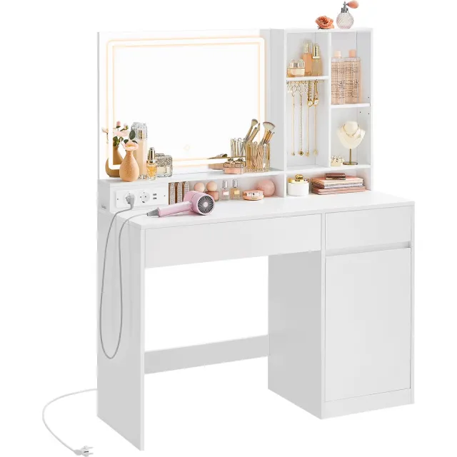 Vasagle Kaptafel - Make up tafel - LED - Stopcontact - Lades - Verstelbare Planken Wit