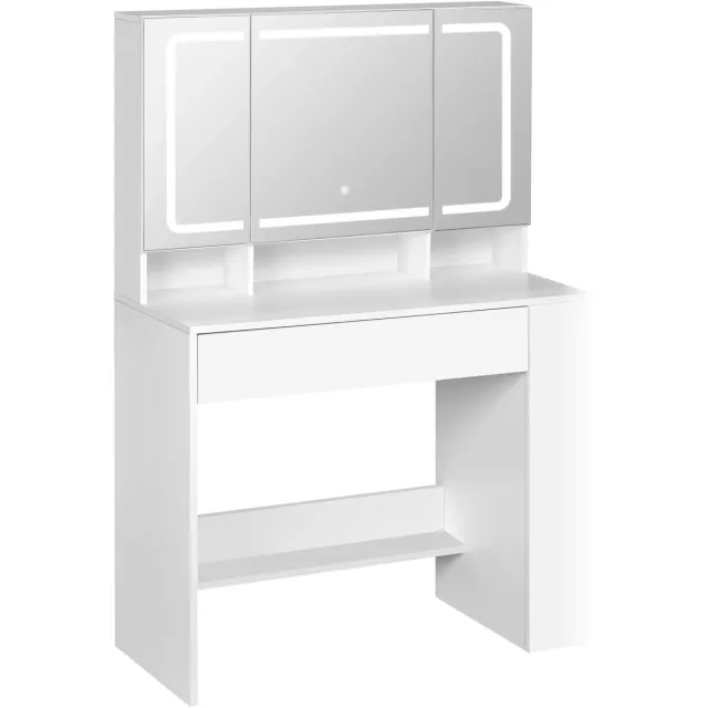 Klarven Kaptafel Wit - Kaptafel Met Spiegel En Verlichting - Kaptafel Met Spiegel - Kaptafel Spiegel - Led-kaptafel - Vanity Table - Dimbare Led-verlichting - Ruime Opbergruimte Met Lade En Kasten - B90xd40xh135cm
