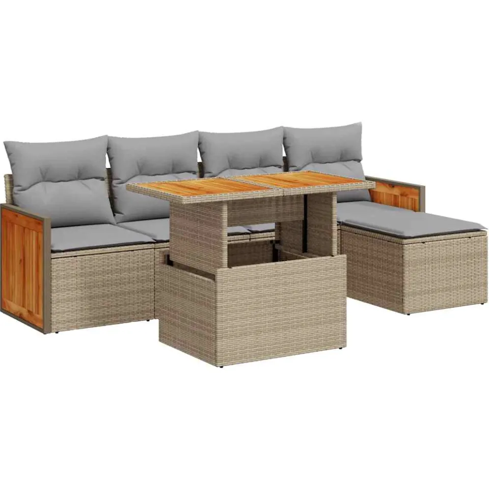 vidaXL 6-delige Loungeset met kussens poly rattan acacia beige, foto 3