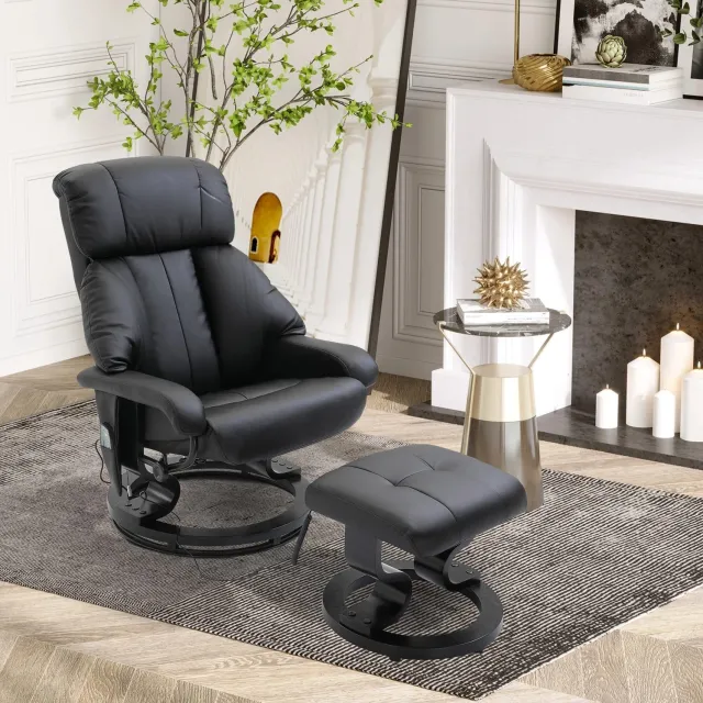 STILVORA Relaxfauteuil 76 x 80 x 102 cm - Massage met 10 Vibratiepunten - Handmatig Verstelbaar en Draaibaar - Met Hocker - Kunstleer Zwart