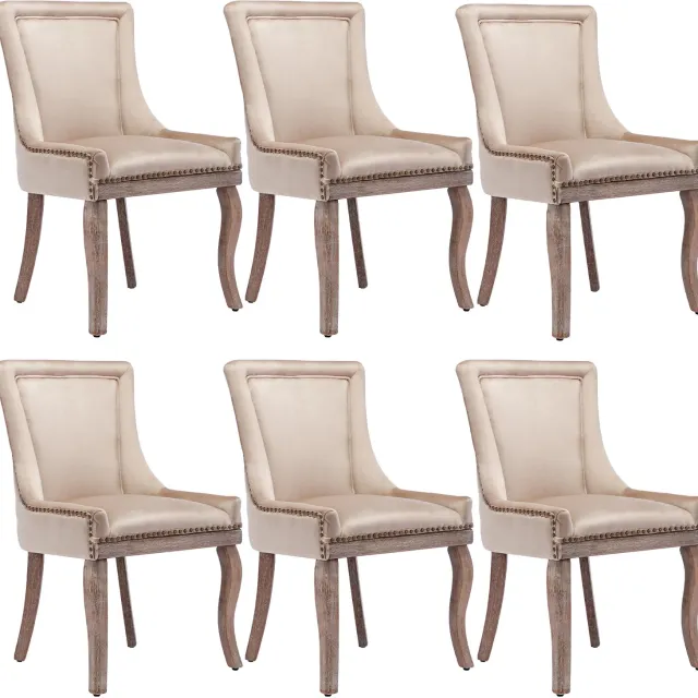 SONNENH Eetkamerstoelen set van 6 - Beige velvet - Houten poten - Hoge rug, siernagels en decoratieve ring Beige met houtkleurige poten