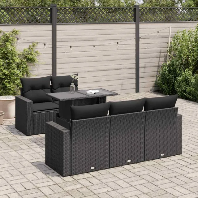 vidaXL 6-delige Loungeset met kussens poly rattan zwart, foto 2