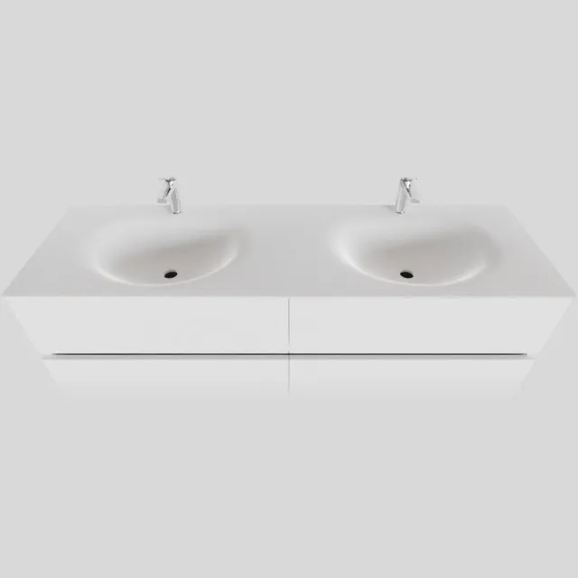 Boss & Wessing Badkamermeubel Solid Surface BWS Stockholm 200x46 cm Mat Wit Wasbak Dubbel (2 kraangaten, 4 lades)