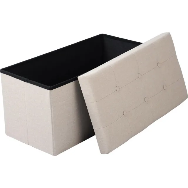 BukkitBow Opvouwbare Linnen Opbergpoef - Kubus Opbergkist (76X37,5CM) - Cremé/Wit
