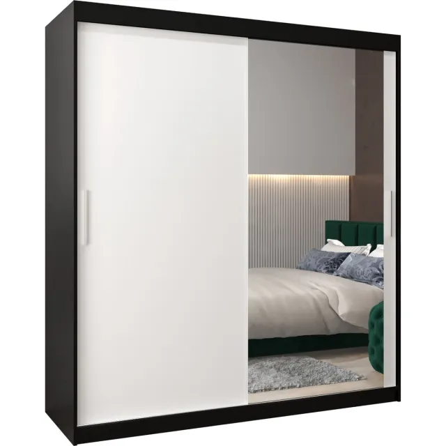 InspireME Kledingkast met 2 schuifdeuren, Modern-stijl, Kledingkast met planken (BxHxD): 180x200x62 - TORM II 180 Zwart Mat + Wit Mat met 4 lades