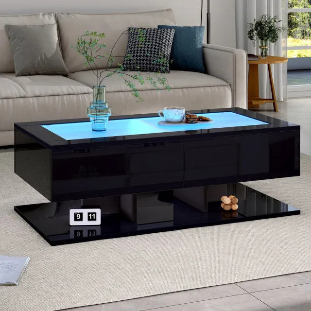 HAUSS SPOLE Salontafel - Hoogglans Met Ledverlichting En 2 Lades - Voor Woonkamer Bij Sofa - Spaanplaat En Gehard Glas - 100x50x35 Cm - Zwart