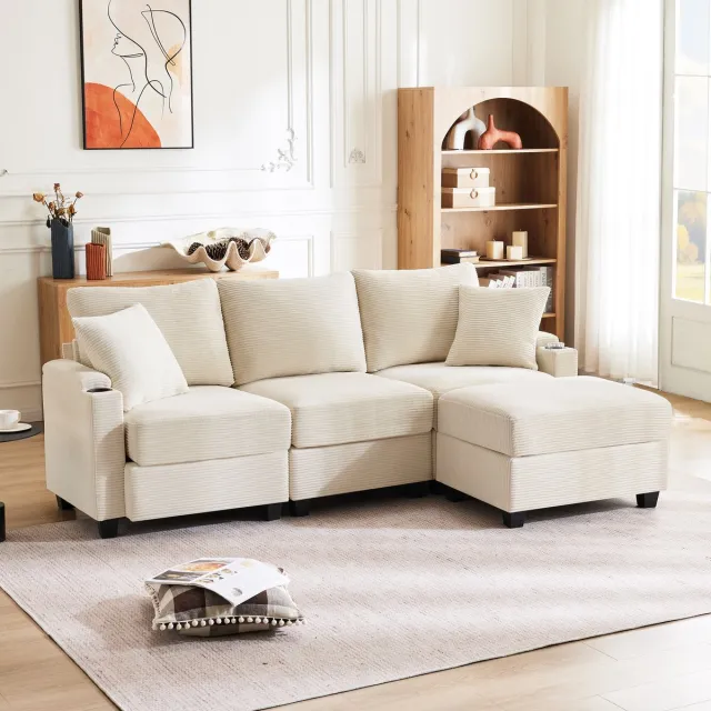 HAUSS SPOLE Hoekbank 213x139 cm - L-Vorm 3-Zits Met Hocker - USB & Bekerhouder - Hout - Beige