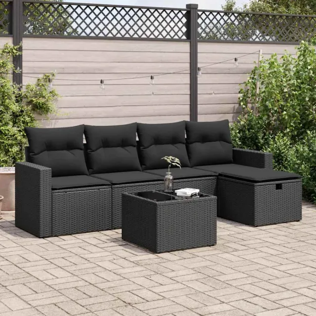 vidaXL 6-delige Loungeset met kussens poly rattan zwart, foto 2