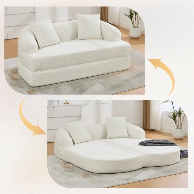 Zubaliya Slaapbank 2-Zits - Chenille Sofa Bed Met Uitklapfunctie - Modulaire Loveseat Bank Met 2 Kussens - Compacte Relaxbank Zonder Montage - Beige Dagbed Voor Woonkamer En Logeerkamer
