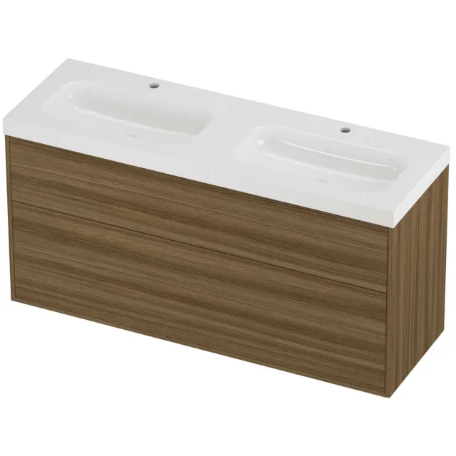 Proline Haga Badmeubelset Polystone Mezza 2 Laden 140x46x73 cm Glans Wit Caramel Walnut Houtlook
