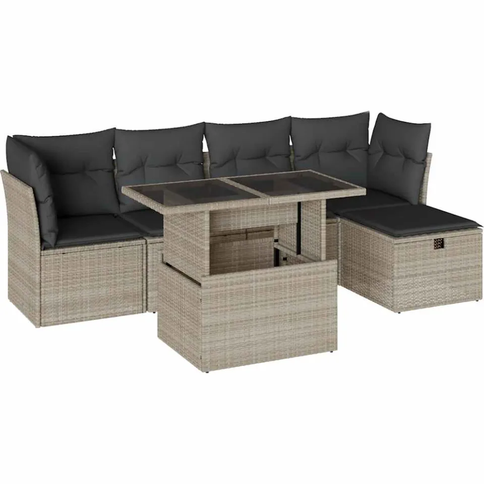 vidaXL 6-delige Loungeset met kussens poly rattan lichtgrijs grijs, foto 3
