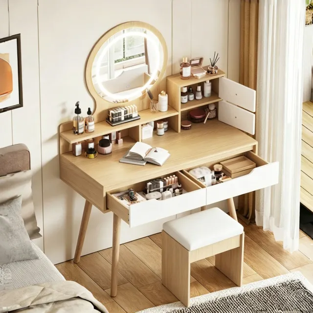 Wishdor Kaptafel met spiegel en LED-verlichting - Opberglades en gestoffeerde hocker - MDF - Naturel hout - 80 x 40 x 135 cm Natural Wood
