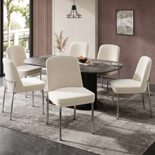 COVREO Eetkamerstoel set van 2 - beige velvet, metalen poten, gepolsterde zitting