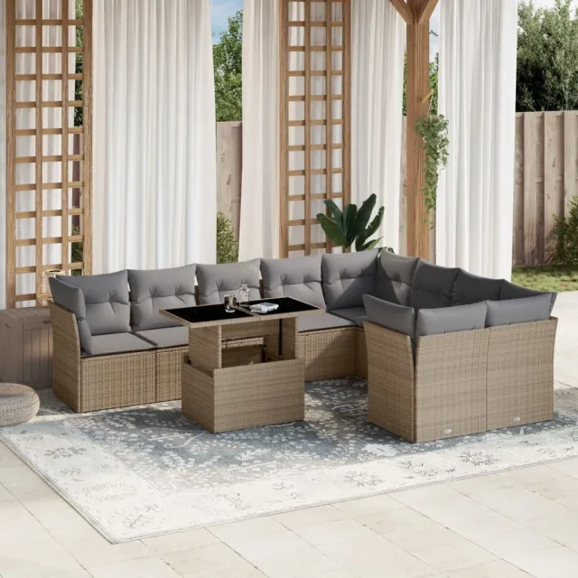 vidaXL 10-delige Loungeset met kussens poly rattan beige, foto 2