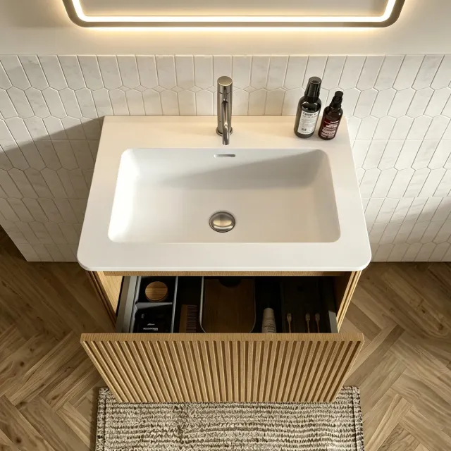 DESMIU Badkamerkast Met Wastafel - Wandhangend Met Lade En Rillendesign - Voor Kleine Badkamers En Gastentoiletten - MDF - 60 Cm - Eikenlook