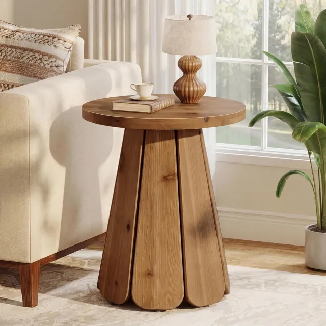 Tribesigns massief houten Bijzettafel - Ronde Eindtafel met 3 Opbergplanken - Houten Bijzettafel met brede voet - Sidetable voor Woonkamer, Thuiskantoor, Slaapkamer - 50 x 50 x 60 cm - Bruin