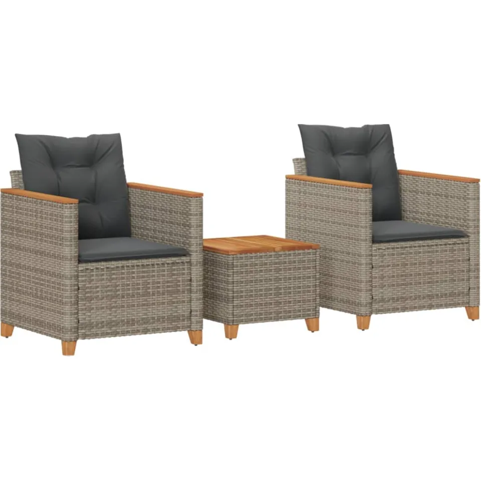 vidaXL 3-delige Bistroset met kussens poly rattan en acaciahout grijs, foto 3