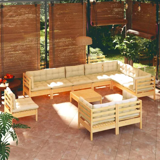 vidaXL 11-delige Loungeset met crèmekleurige kussens grenenhout, foto 2