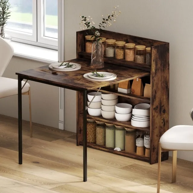 MEUNIQ klapbare eettafel 80 x 90 x 93 cm met 3 open opbergvakken, industriële tafel voor keuken of eetkamer, inklapbaar bureau of presentatietafel, bruin Rustiek bruin