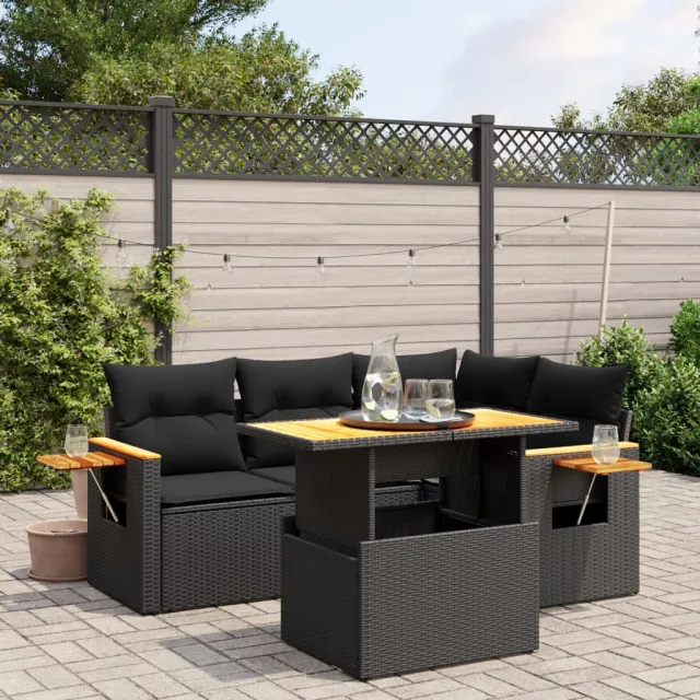 vidaXL 5-delige Loungeset met kussens poly rattan zwart, foto 2
