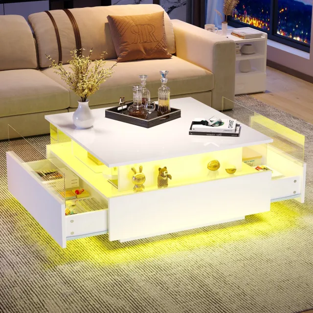 MODENUIT Salontafel - Met LED, 2 Lades En Transparant Vak - Voor Woonkamer - Spaanplaat Wit - 70x70x41 Cm