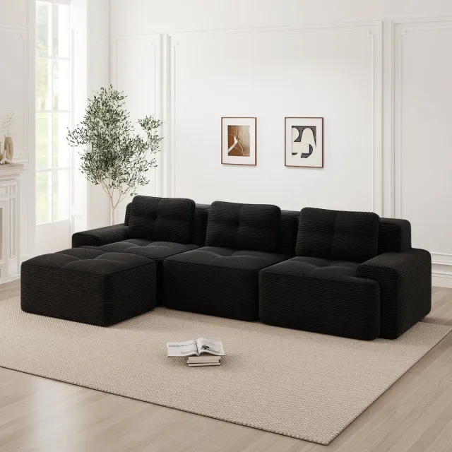 Zubaliya Modulaire Hoekbank - 3 Zits Cloud Sofa Ribstof - Frameloze L Bank Met Voetenbank - 32D Schuim Diepe Zitbank Zonder Montage - Zachte Lounge Sofa Voor Woonkamer Slaapkamer - Antislip Design - Zwart