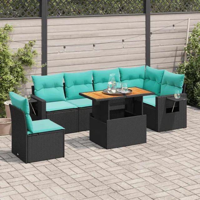 vidaXL 7-delige Loungeset met kussens poly rattan zwart, foto 2