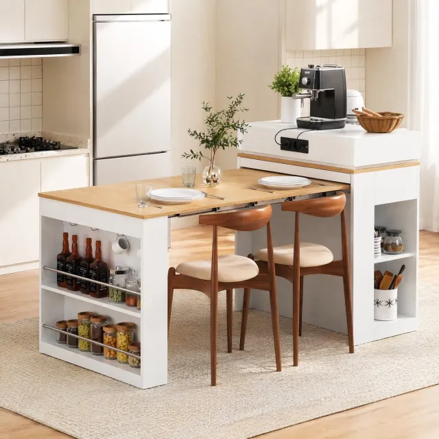 MEUNIQ Uitklapbare keukeneiland eettafel met opklapbaar tafelblad, stopcontact, opbergruimte en wielen, wit met houtlook voor keuken en eetkamer White