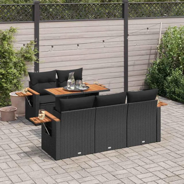 vidaXL 6-delige Loungeset met kussens poly rattan acacia zwart, foto 2