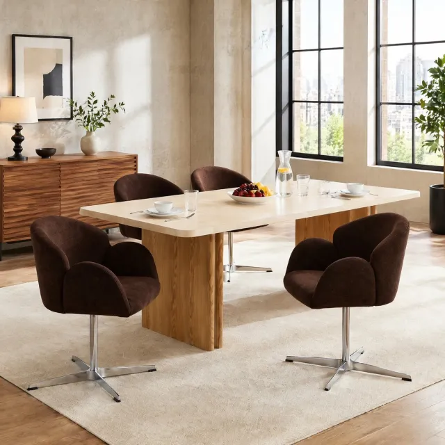 MEUNIQ eetkamerstoel bruin met velours bekleding, 360° draaibaar, met armleuningen en glanzend RVS onderstel, voor eetkamer, keuken of woonkamer