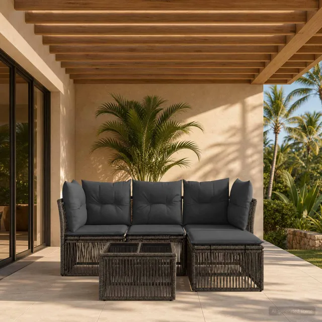 vidaXL Tuinbankenset 5 st 4-zits Grijs poly rattan, foto 2