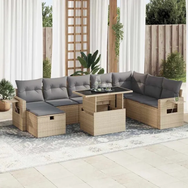 vidaXL 9-delige Loungeset met kussens poly rattan beige, foto 2