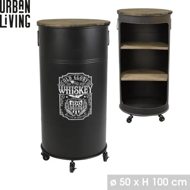 Urban Living "LOFT & METAL" - Industriële metalen bar op wielen met "Old Glory Whiskey" design - Ø50 cm x H100 cm Zwart met natuurlijke houtkleur