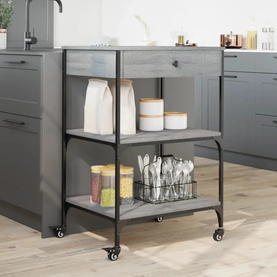 vidaXL Keukentrolley 60x48x89,5 cm bewerkt hout grijs sonoma eiken, foto 4