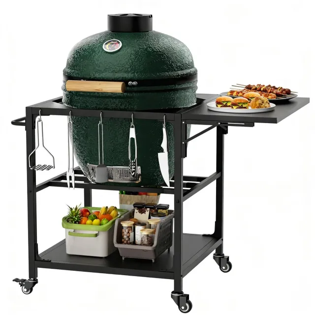 MEUNIQ verrijdbare grilltafel voor Large Big Green Egg en kamado van 53–66 cm, met uitklapbaar werkblad, gereedschapshaken en opbergrek, zwart