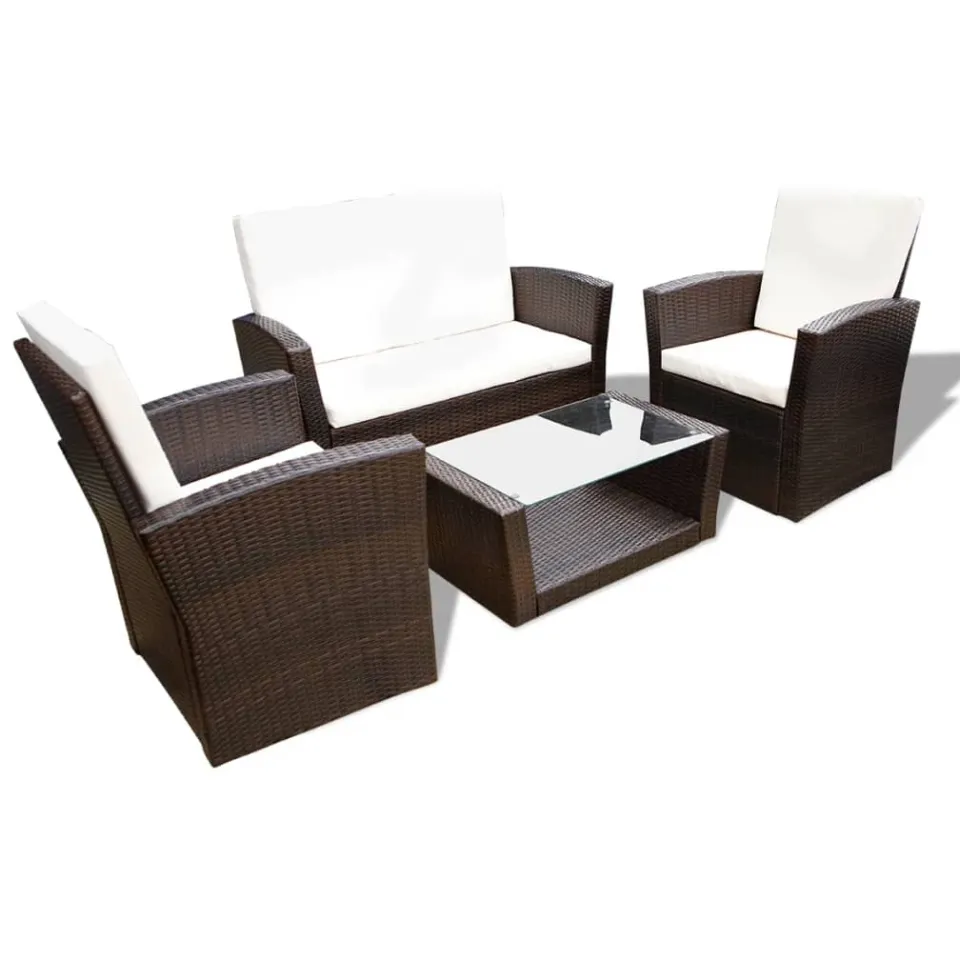 vidaXL 4-delige Loungeset met kussens poly rattan bruin, foto 2