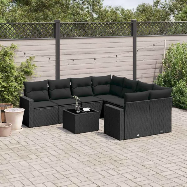 vidaXL 9-delige Loungeset met kussens poly rattan zwart, foto 2