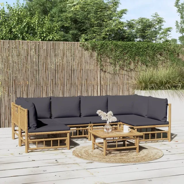 vidaXL 7-delige Loungeset met kussens bamboe donkergrijs bruin, foto 2