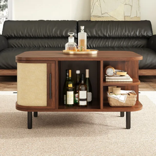 DESMIU Salontafel - Gebogen Vorm Met Opbergruimte - Voor Woonkamer En Werkruimte - MDF In Walnootkleur - 80x60x47 Cm