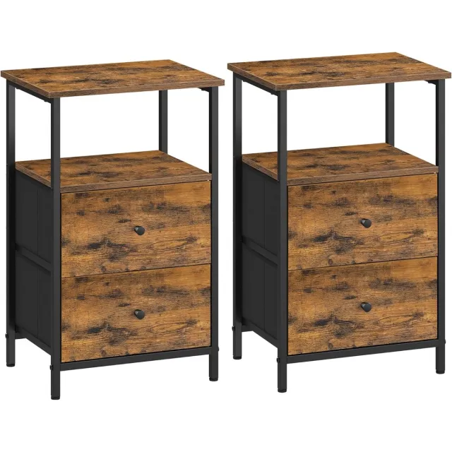 FurnStar Nachtkastje - Set van 2 - Bijzettafel met 2 stoffen laden - Salontafel met planken - 61 cm hoog - Voor woonkamer - Slaapkamer - Rustiek Brown, Inkt Black, Matte Black Rustiek Brown Double