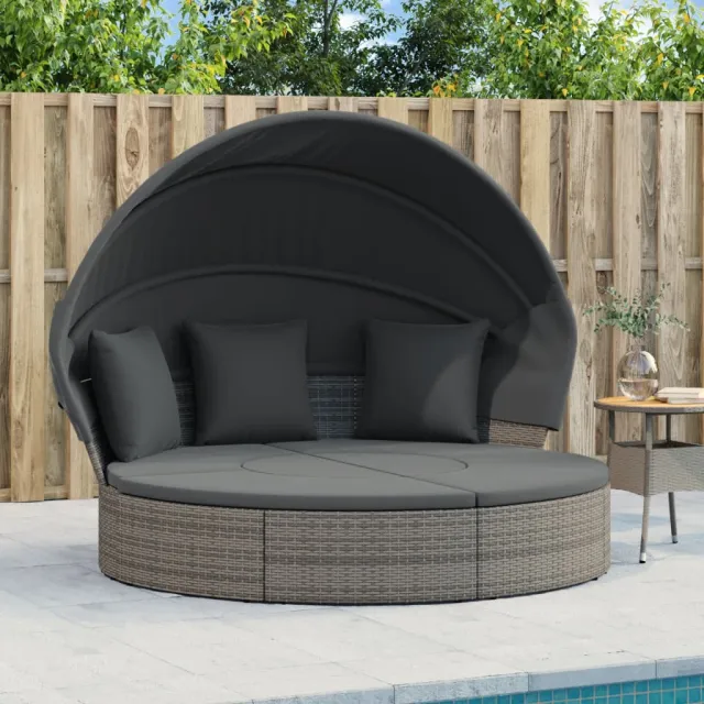vidaXL Loungebed met luifel en kussens poly rattan grijs, foto 2