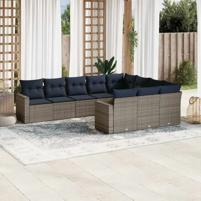 vidaXL 10-delige Loungeset met kussens poly rattan grijs, foto 2