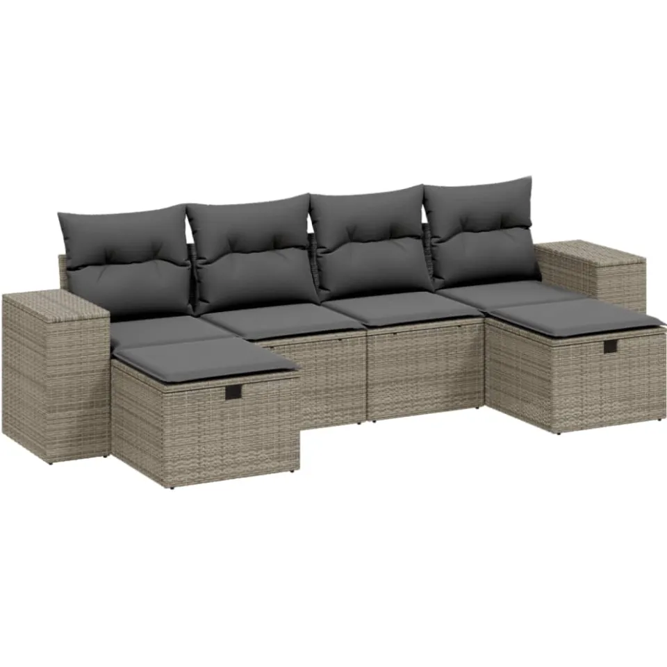 vidaXL 6-delige Loungeset met kussens poly rattan lichtgrijs grijs, foto 3