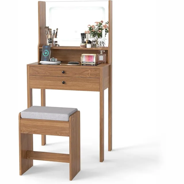 Costway Kaptafel met gestoffeerde kruk, kaptafel met stopcontacten & 3 gekleurde LED-spiegel, kaptafel met glasplaat, open plank & 2 laden (64 x 40 x 132 cm, bruin)