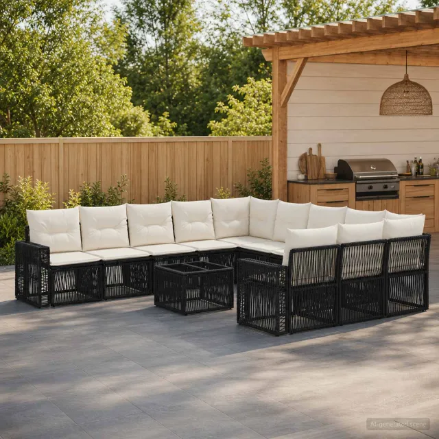 vidaXL Tuinbankenset 12 st 11-zits Zwart en Cream Wit poly rattan