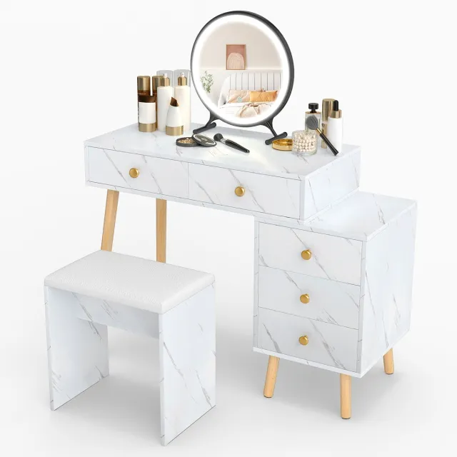 Costway Schminktafel met afneembare LED-spiegel, bijzetkast & gevoet poef, kaptafel met 3 verlichtingsstanden, 5 laden, cosmetica tafel marmerlook & houten poten, 100 x 45 x 116,5 cm Wit + Natuur