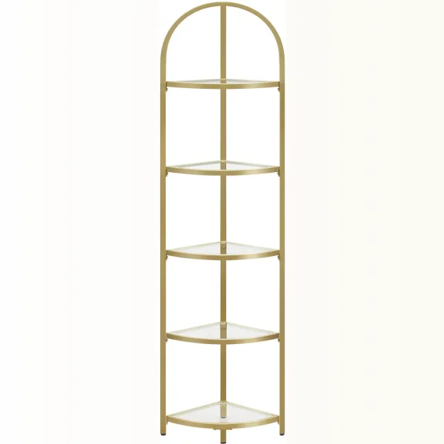 LEOBERT Smalle boekenkast met 5 glazen planken – Goud metalen rek – 158 cm hoog – Modern design